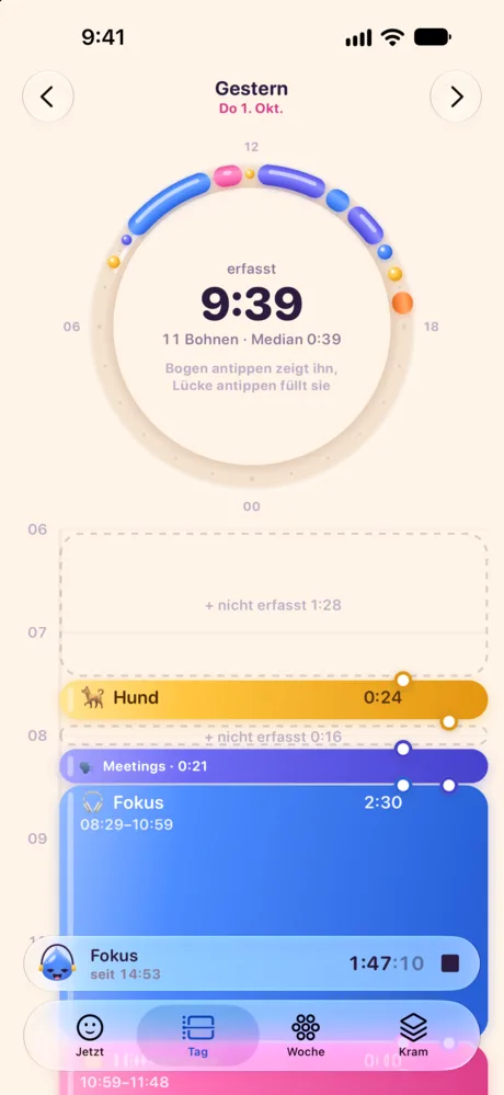 Der Tab Tag: Einträge als bunte Jelly-Bohnen auf einer Zeitleiste.