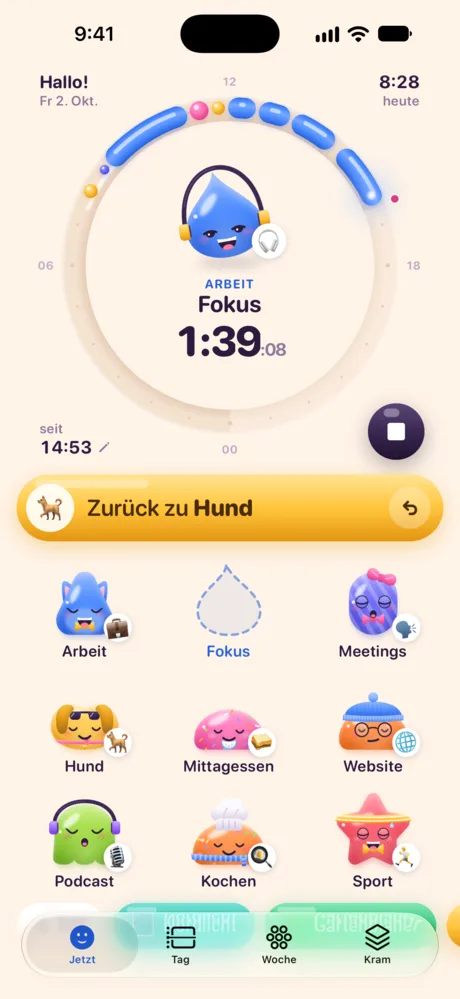 Der Tab Jetzt: das laufende Jelly mitten im Rad von heute, darunter die anderen Jellys.