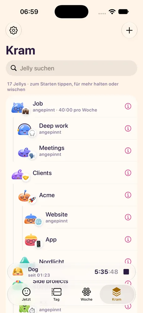 Der Tab Kram: alle Jellys in einer Liste, gruppiert und angepinnt.