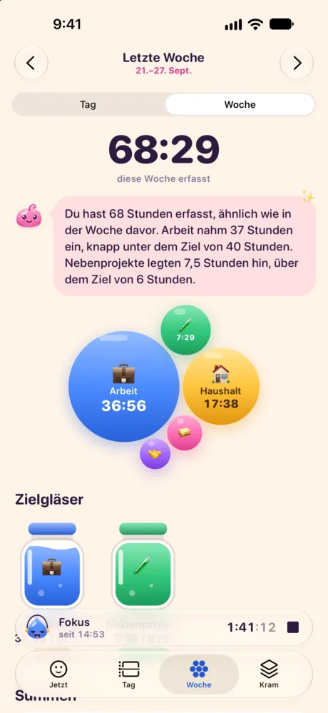 Der Tab Woche: Summen als Blasen, Wochenziele als Gläser.