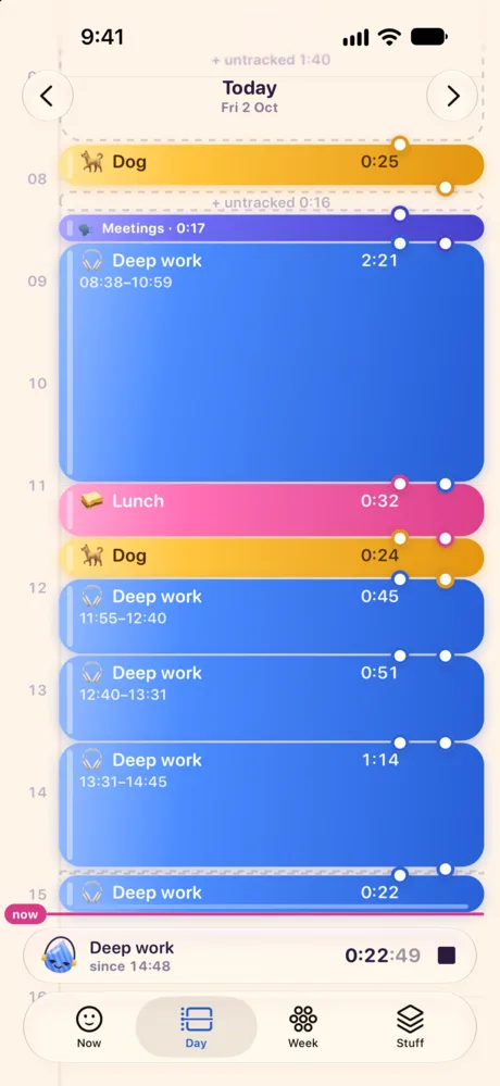 The Day tab: entries as colorful jelly beans on a timeline.
