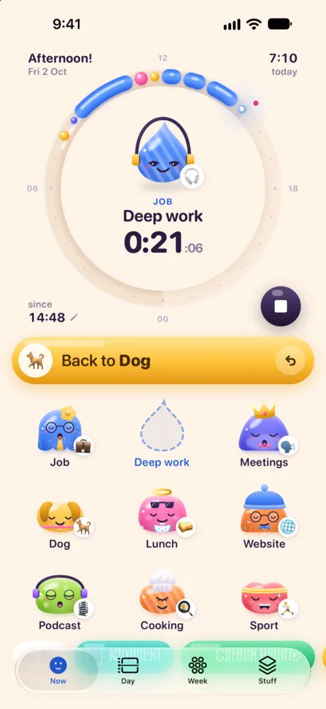 The Now tab: the running jelly in the middle of today's dial, with the other jellies below.