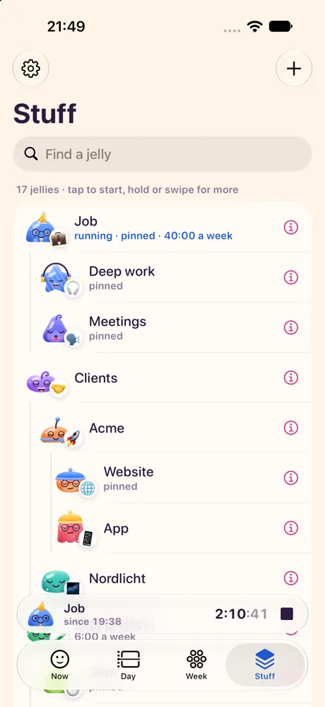 The Stuff tab: every jelly in a list, grouped and pinned.