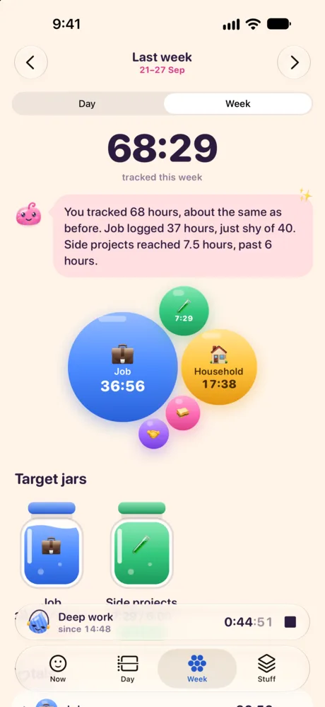 The Week tab: total time as bubbles and weekly targets as jars.